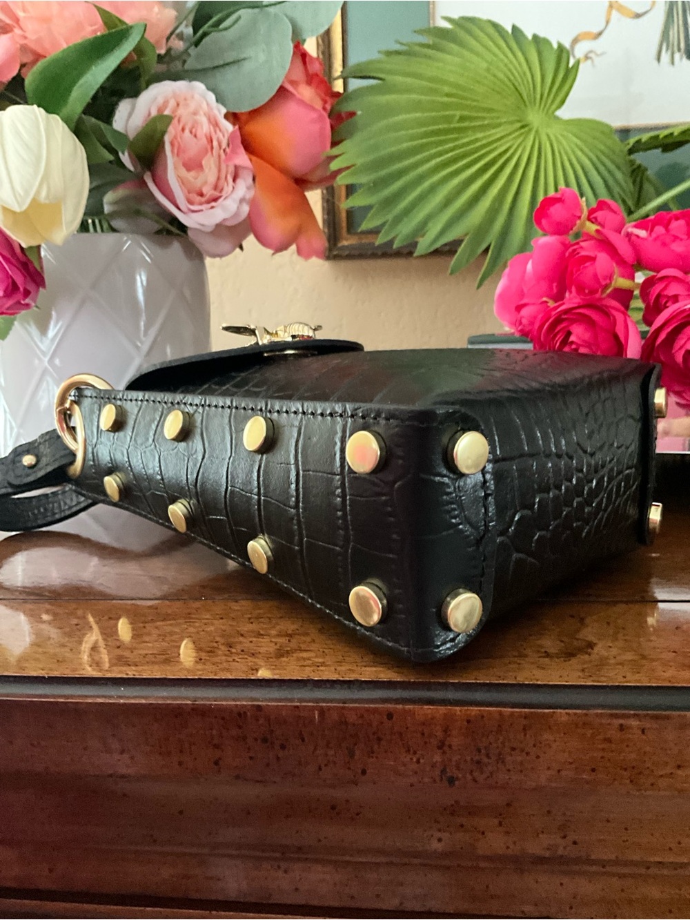 REDUCED Bee accent mini bag Black Croc-Embossed vegan Leather  Top-Handle.  NWOT - Picture 4 of 5